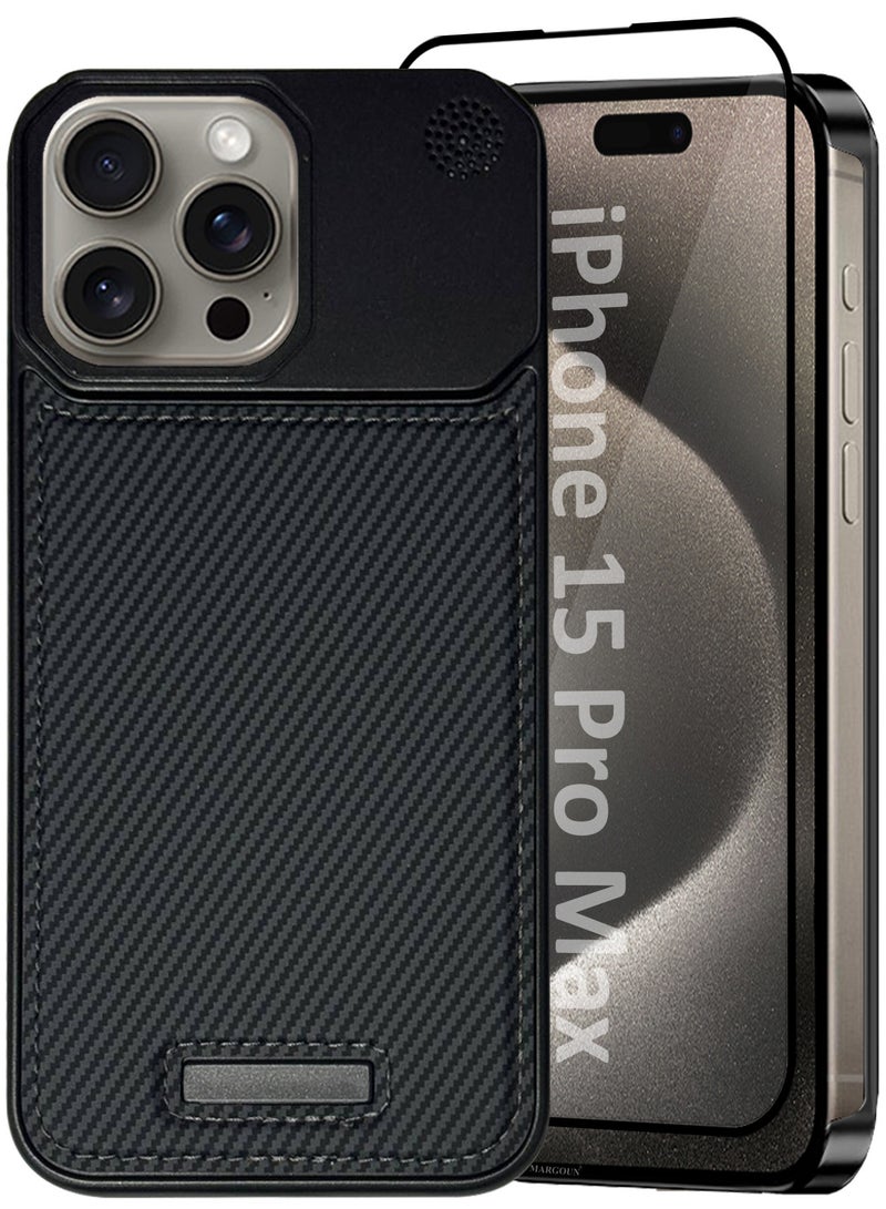 MARGOUN iPhone 15 Pro Max 2 Pack Case Leather Metal Design, Slim Lightweight Minimalist Cover,1 Case 1 Screen Protector Carbon Black-2  - Image 2