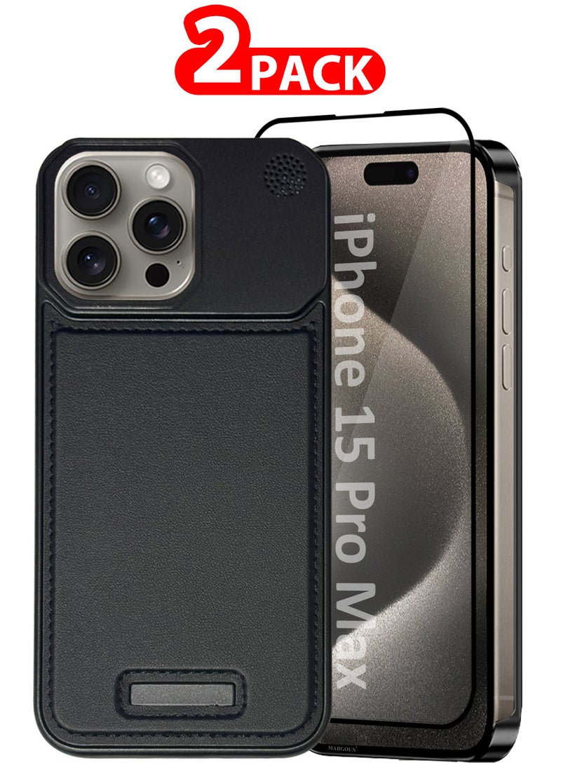 MARGOUN iPhone 15 Pro Max 2 Pack Case Leather Metal Design, Slim Lightweight Minimalist Cover,1 Case 1 Screen Protector Black-2  - Image 1
