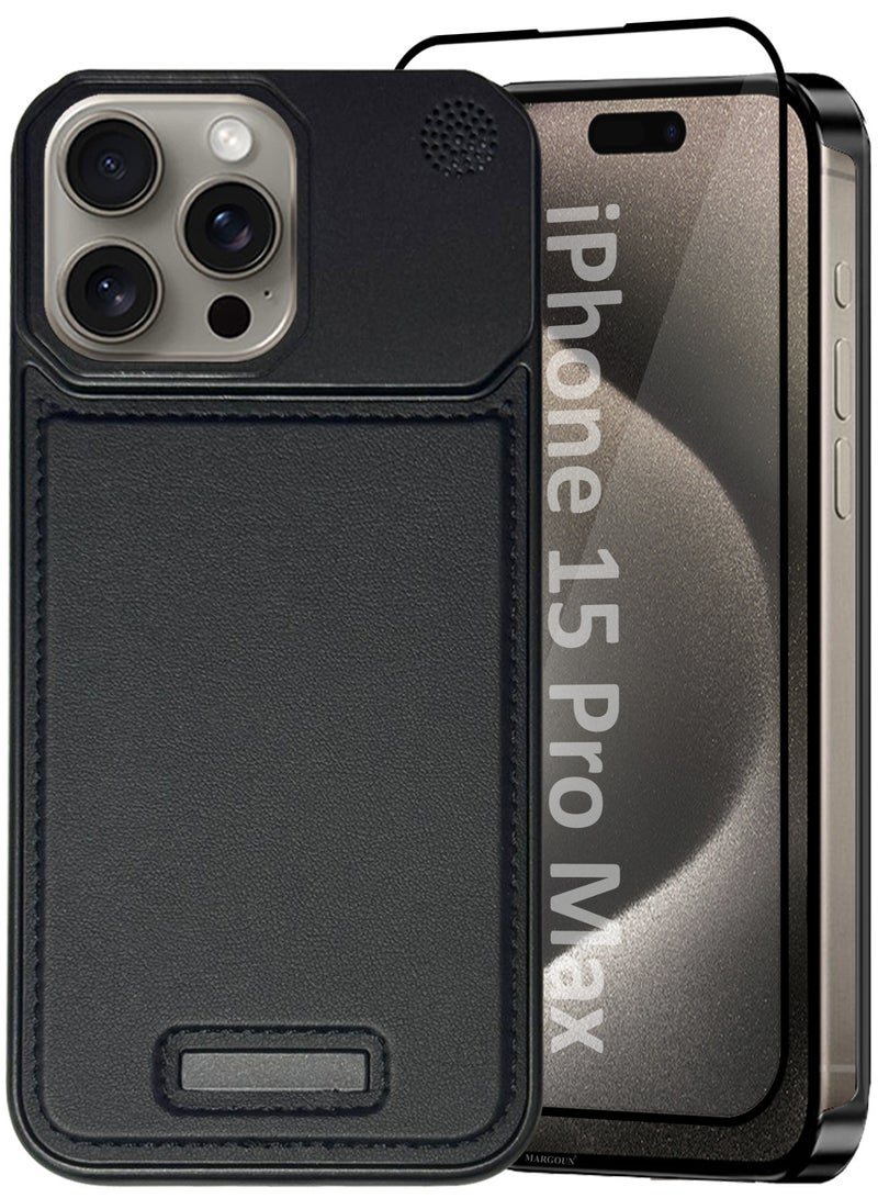MARGOUN iPhone 15 Pro Max 2 Pack Case Leather Metal Design, Slim Lightweight Minimalist Cover,1 Case 1 Screen Protector Black-2  - Image 2