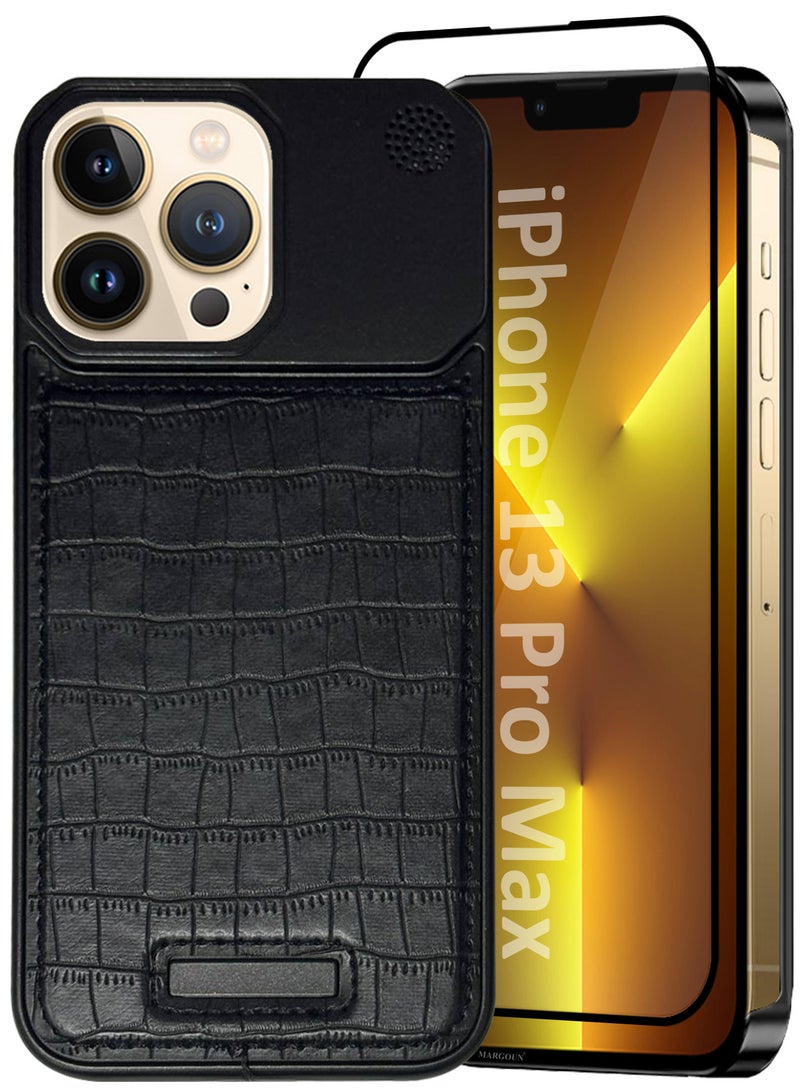 MARGOUN iPhone 13 Pro Max Case Leather Metal Design, Slim Lightweight Minimalist Cover, 1 Case, 1 Screen Protector - Pack of 2 - Blackish-2  - Image 2