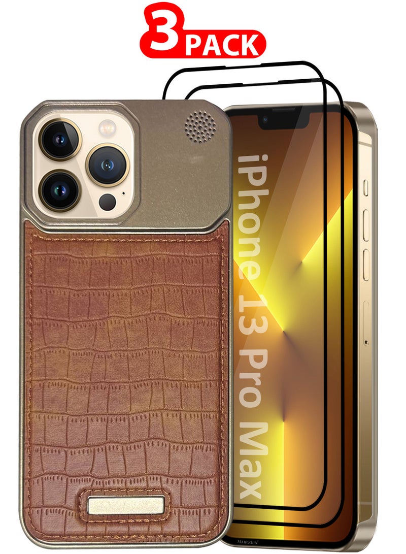 MARGOUN iPhone 13 Pro Max 3 Pack Case Leather Metal Design, Slim Lightweight Minimalist Cover,1 Case 2 Screen Protectors Brown-3  - Image 1