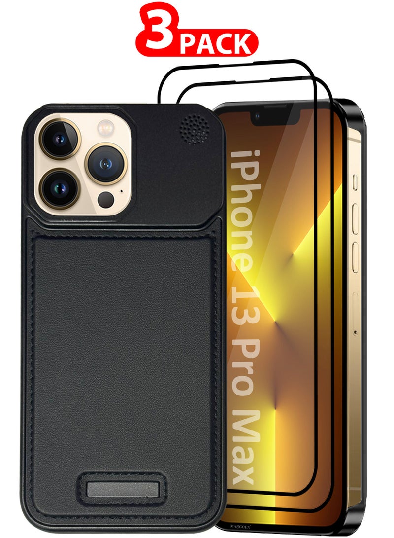MARGOUN - iPhone 13 Pro Max Case Leather Metal Design, Slim Lightweight Minimalist Cover, 1 Case, 2 Screen Protectors - Pack of 3 - Black-3 - Image 1