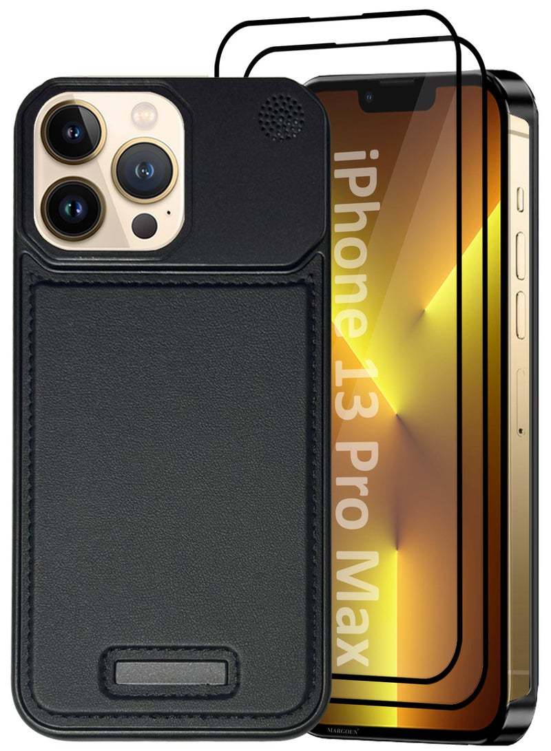 MARGOUN - iPhone 13 Pro Max Case Leather Metal Design, Slim Lightweight Minimalist Cover, 1 Case, 2 Screen Protectors - Pack of 3 - Black-3 - Image 1