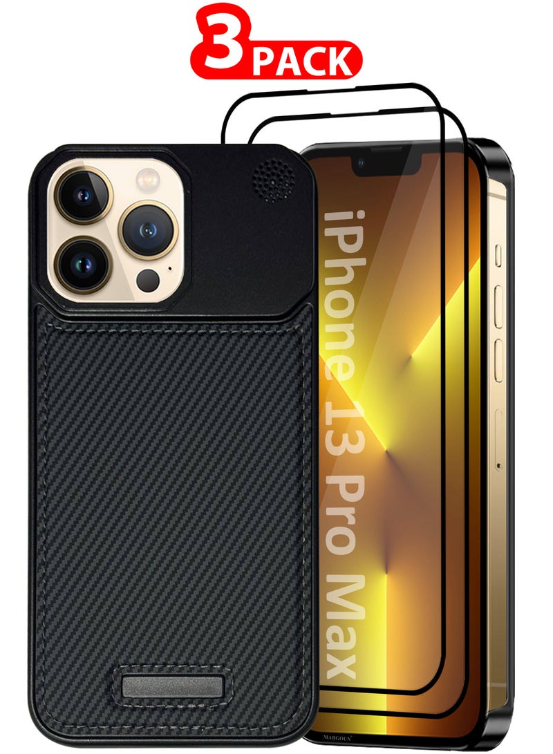 MARGOUN iPhone 13 Pro Max Case Leather Metal Design, Slim Lightweight Minimalist Cover, 1 Case, 2 Screen Protectors - Pack of 3 - Carbon Black-3  - Image 1