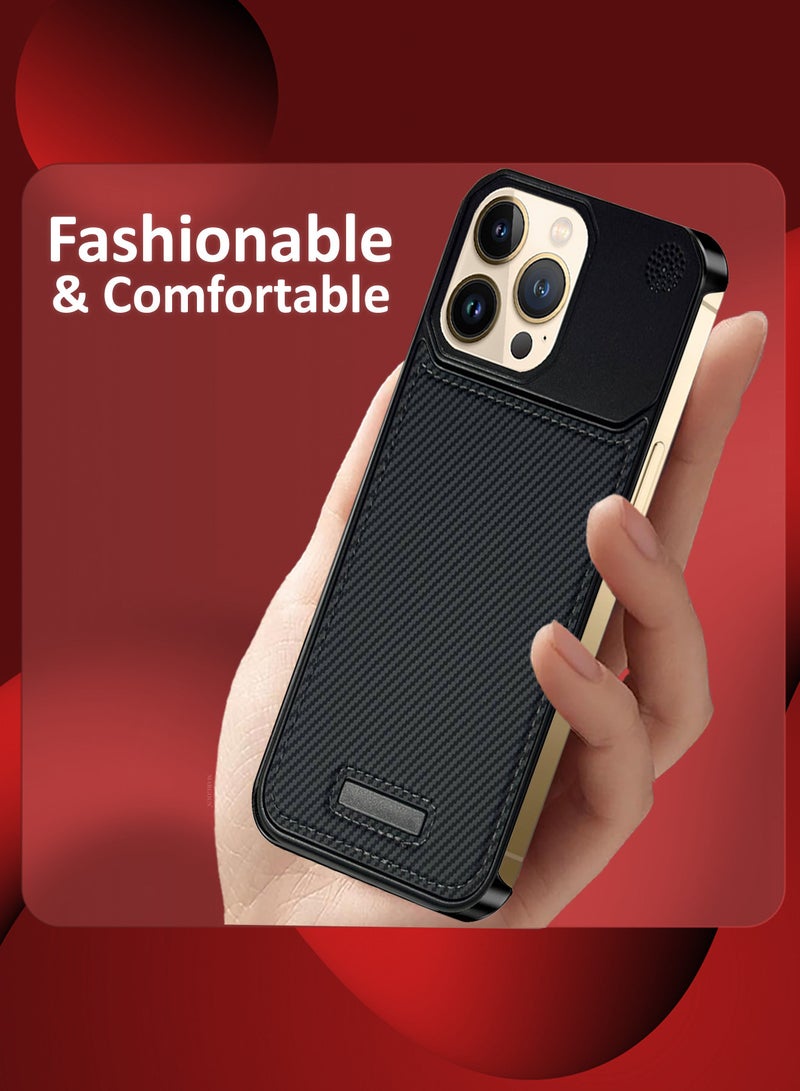 MARGOUN iPhone 13 Pro Max Case Leather Metal Design, Slim Lightweight Minimalist Cover, 1 Case, 2 Screen Protectors - Pack of 3 - Carbon Black-3  - Image 3