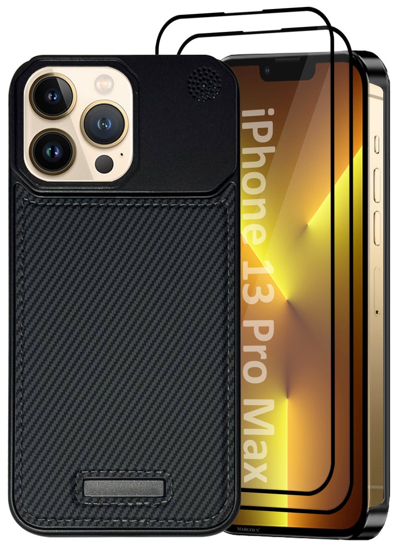 MARGOUN iPhone 13 Pro Max Case Leather Metal Design, Slim Lightweight Minimalist Cover, 1 Case, 2 Screen Protectors - Pack of 3 - Carbon Black-3  - Image 2