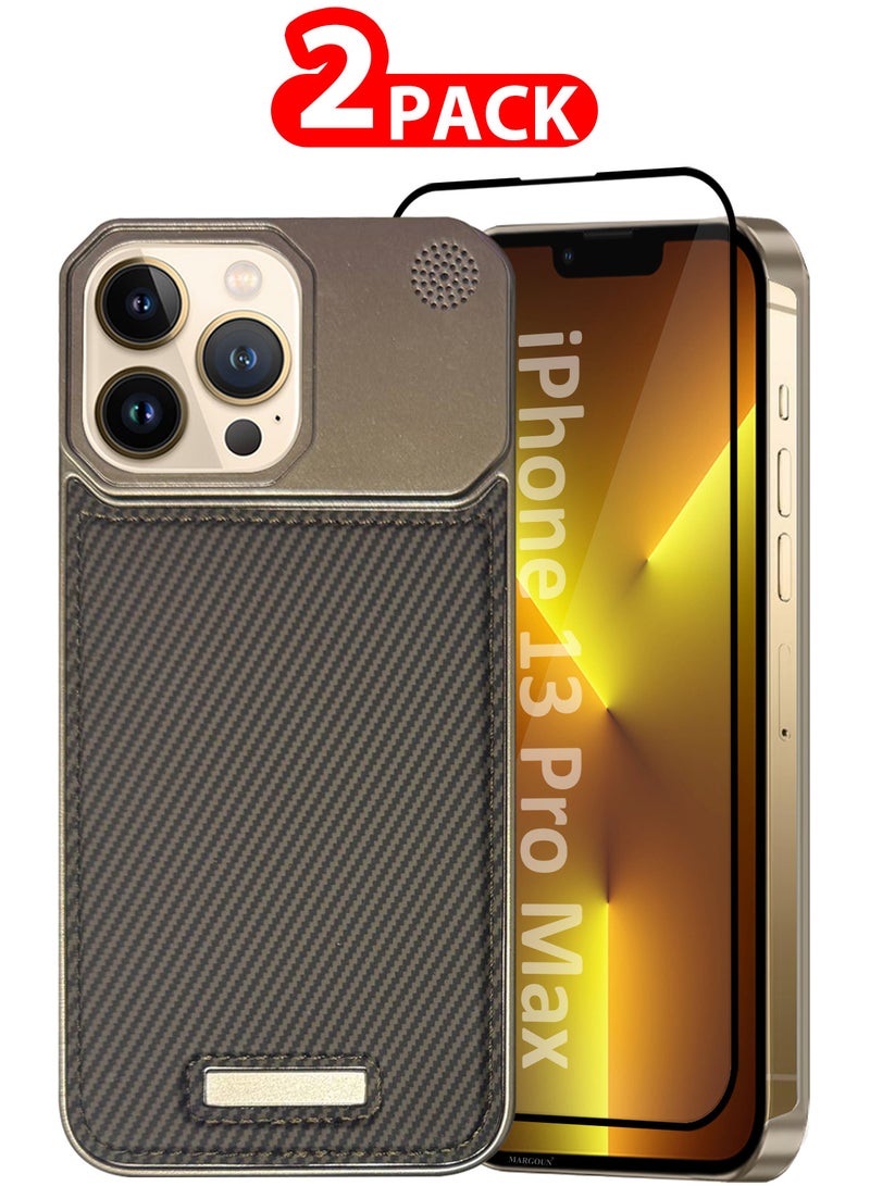 MARGOUN iPhone 13 Pro Max Case Leather Metal Design, Slim Lightweight Minimalist Cover, 1 Case, 1 Screen Protector - Pack of 2 - Carbonic Grey-2  - Image 1