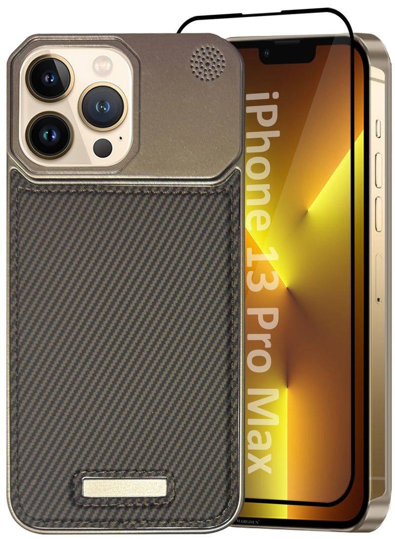MARGOUN iPhone 13 Pro Max Case Leather Metal Design, Slim Lightweight Minimalist Cover, 1 Case, 1 Screen Protector - Pack of 2 - Carbonic Grey-2  - Image 2