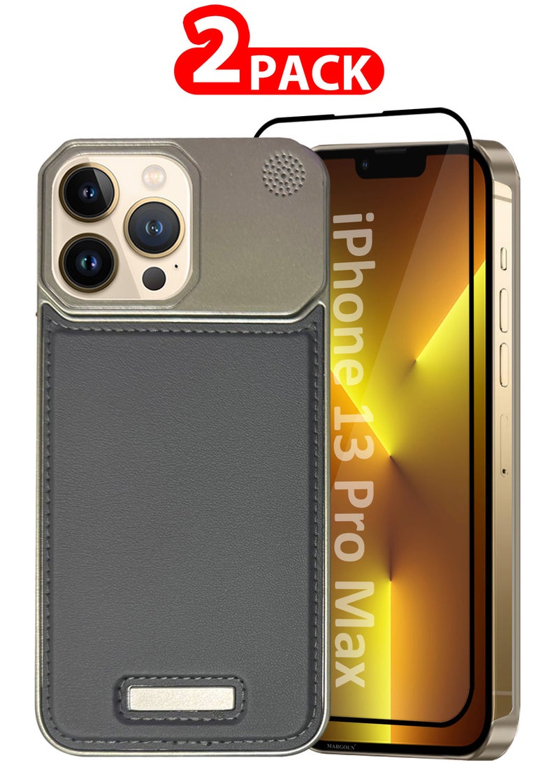 MARGOUN iPhone 13 Pro Max Case Leather Metal Design, Slim Lightweight Minimalist Cover, 1 Case, 1 Screen Protector - Pack of 2 - Dark Grey-2  - Image 1