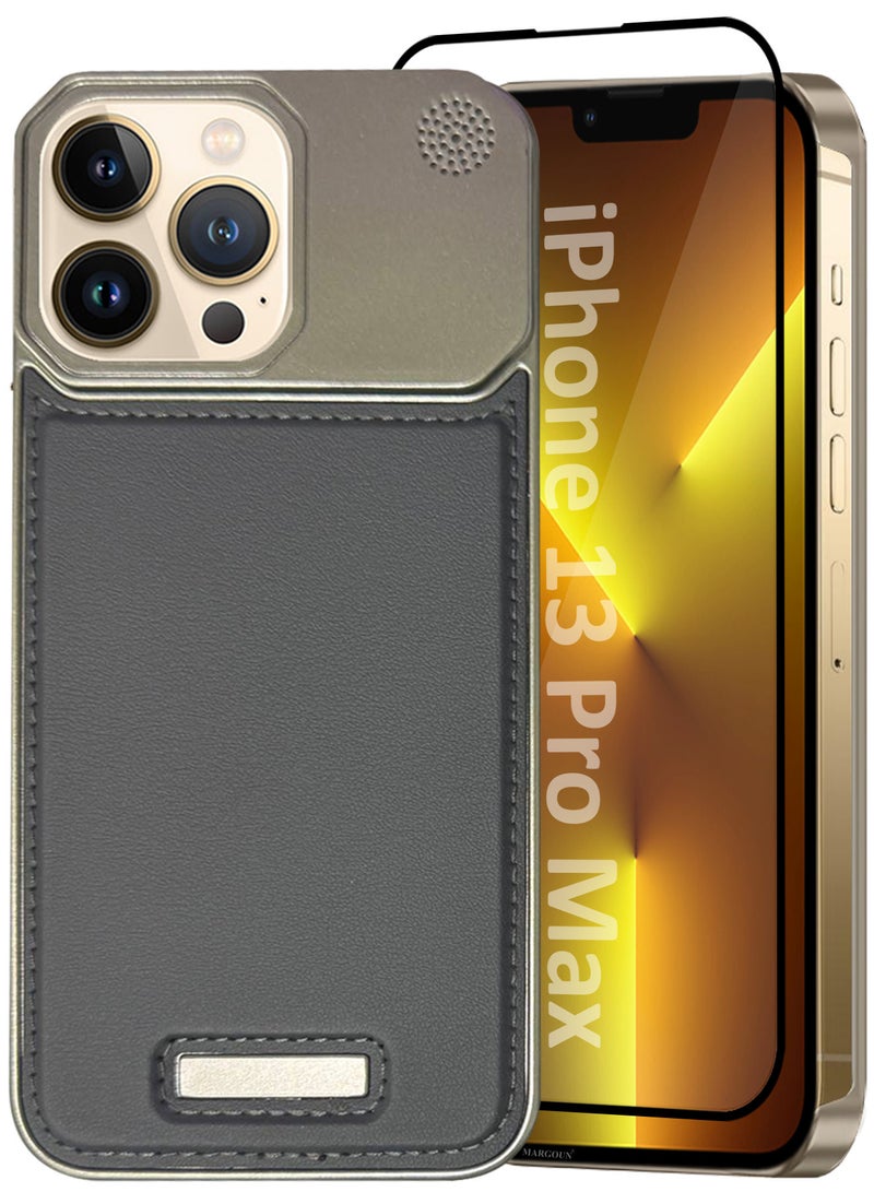 MARGOUN iPhone 13 Pro Max Case Leather Metal Design, Slim Lightweight Minimalist Cover, 1 Case, 1 Screen Protector - Pack of 2 - Dark Grey-2  - Image 2