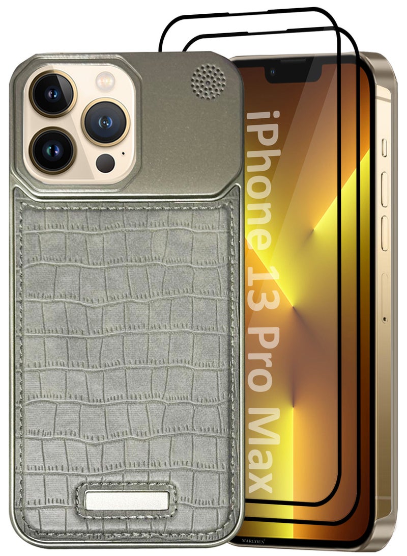MARGOUN iPhone 13 Pro Max Case Leather Metal Design, Slim Lightweight Minimalist Cover, 1 Case, 2 Screen Protectors - Pack of 3 - Greyish-3  - Image 2