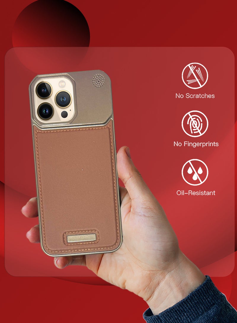 MARGOUN iPhone 13 Pro Max Case Leather Metal Design, Slim Lightweight Minimalist Cover Brownie-1 - Image 5