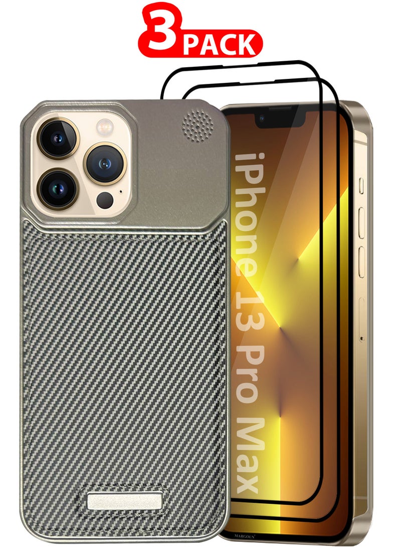 MARGOUN iPhone 13 Pro Max Case Leather Metal Design, Slim Lightweight Minimalist Cover, 1 Case, 2 Screen Protectors - Pack of 3 - Carbon Grey-3  - Image 1