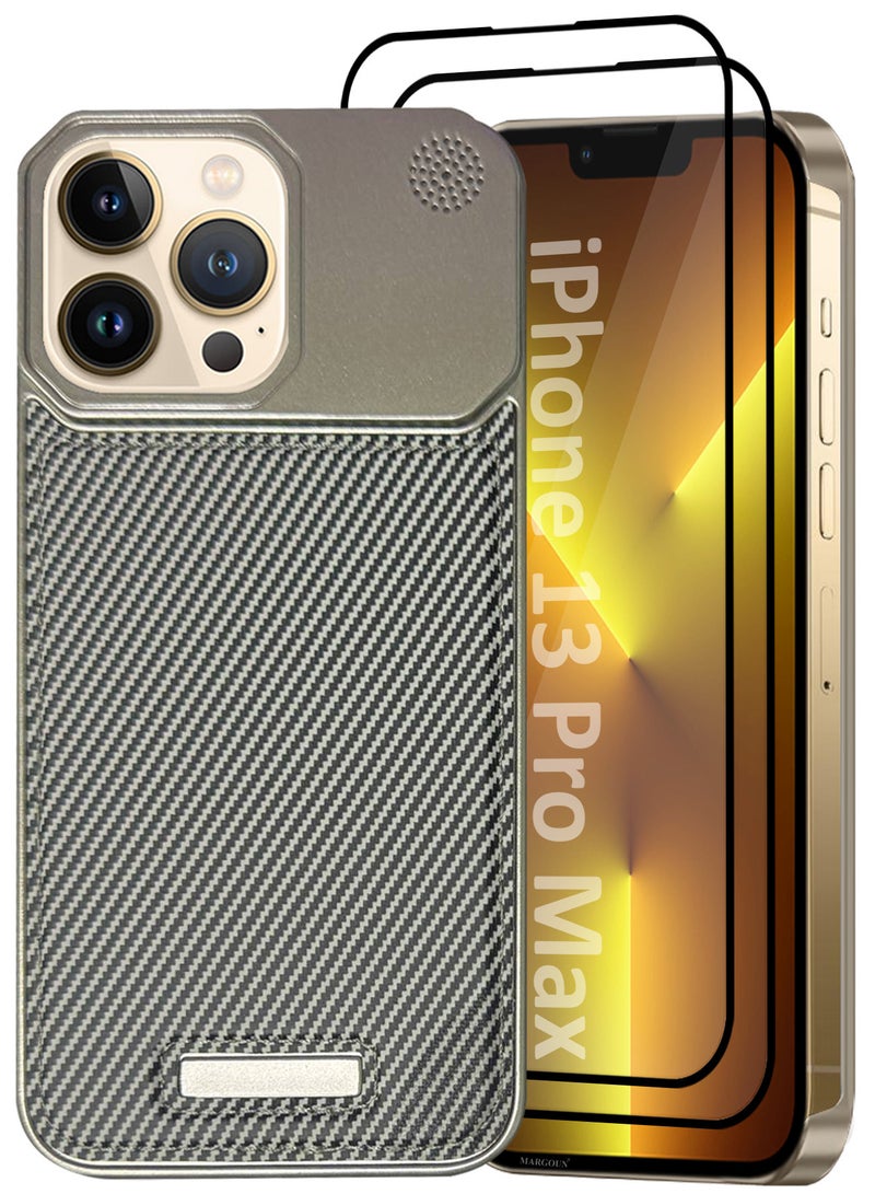 MARGOUN iPhone 13 Pro Max Case Leather Metal Design, Slim Lightweight Minimalist Cover, 1 Case, 2 Screen Protectors - Pack of 3 - Carbon Grey-3  - Image 2
