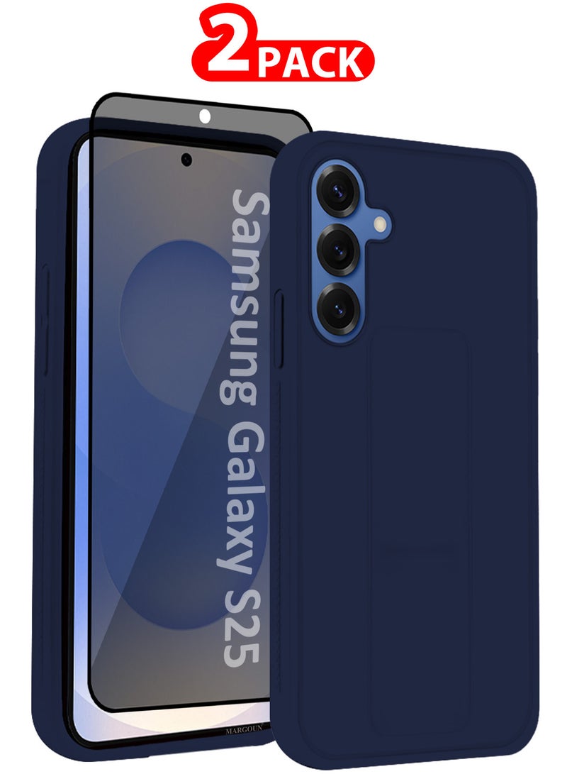 MARGOUN Galaxy S25 Case Silicone with Stand Function Shockproof and Anti Scratch Finger Grip Case Cover with 1 Shock Proof Screen Protector - Pack of 2 - Dark Blue-2 - Image 1