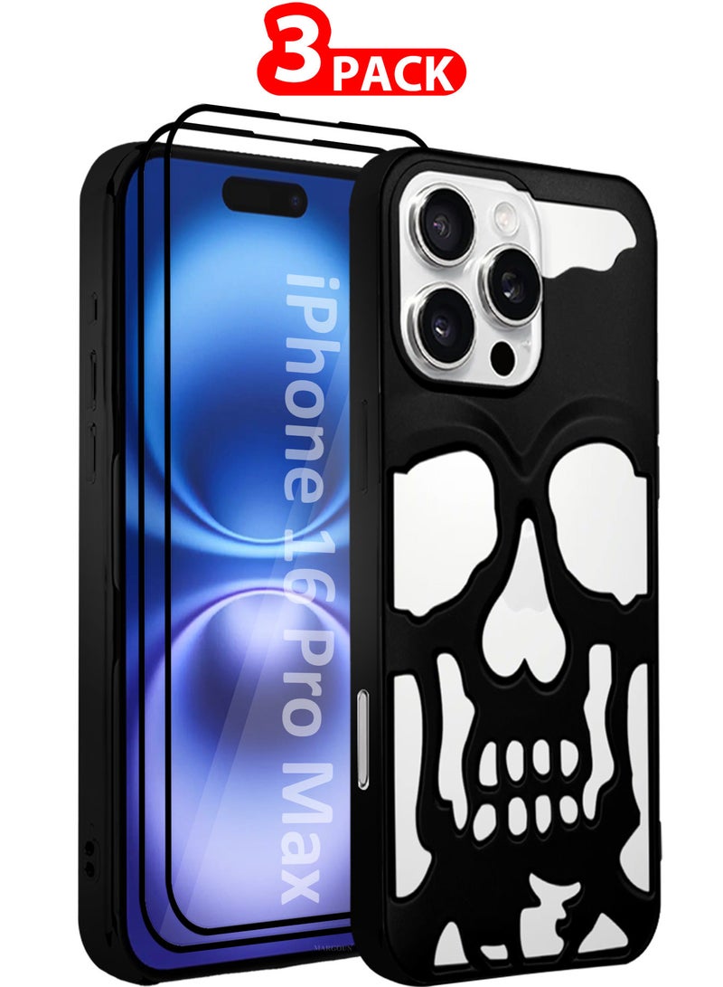 MARGOUN iPhone 16 Pro Max Skull Case Cover Soft TPU and Glossy with Two 3D Shockproof Screen Protector - Pack of 3 - Black-3s - Image 1