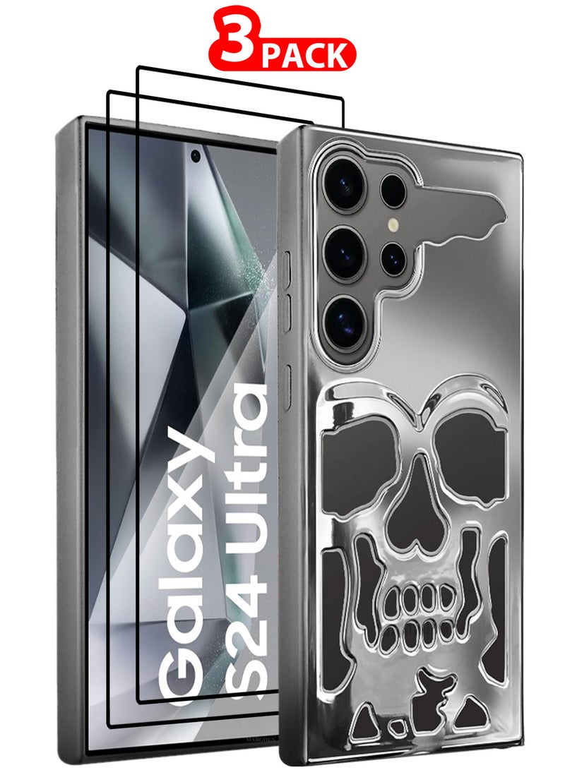 MARGOUN Galaxy S24 Ultra Case Cover Soft TPU and Glossy Skull Design with Two 3D Shockproof Screen Protector - Pack of 3 - Silver-3ss - Image 1