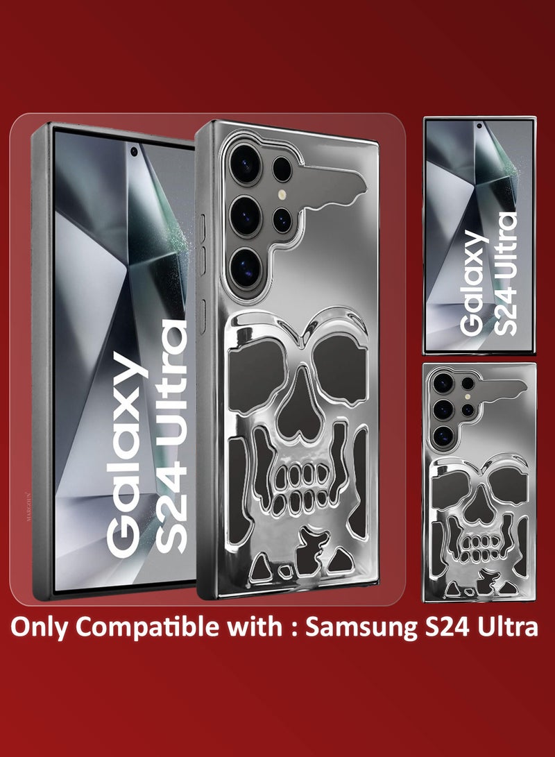 MARGOUN Galaxy S24 Ultra Case Cover Soft TPU and Glossy Skull Design with Two 3D Shockproof Screen Protector - Pack of 3 - Silver-3ss - Image 2
