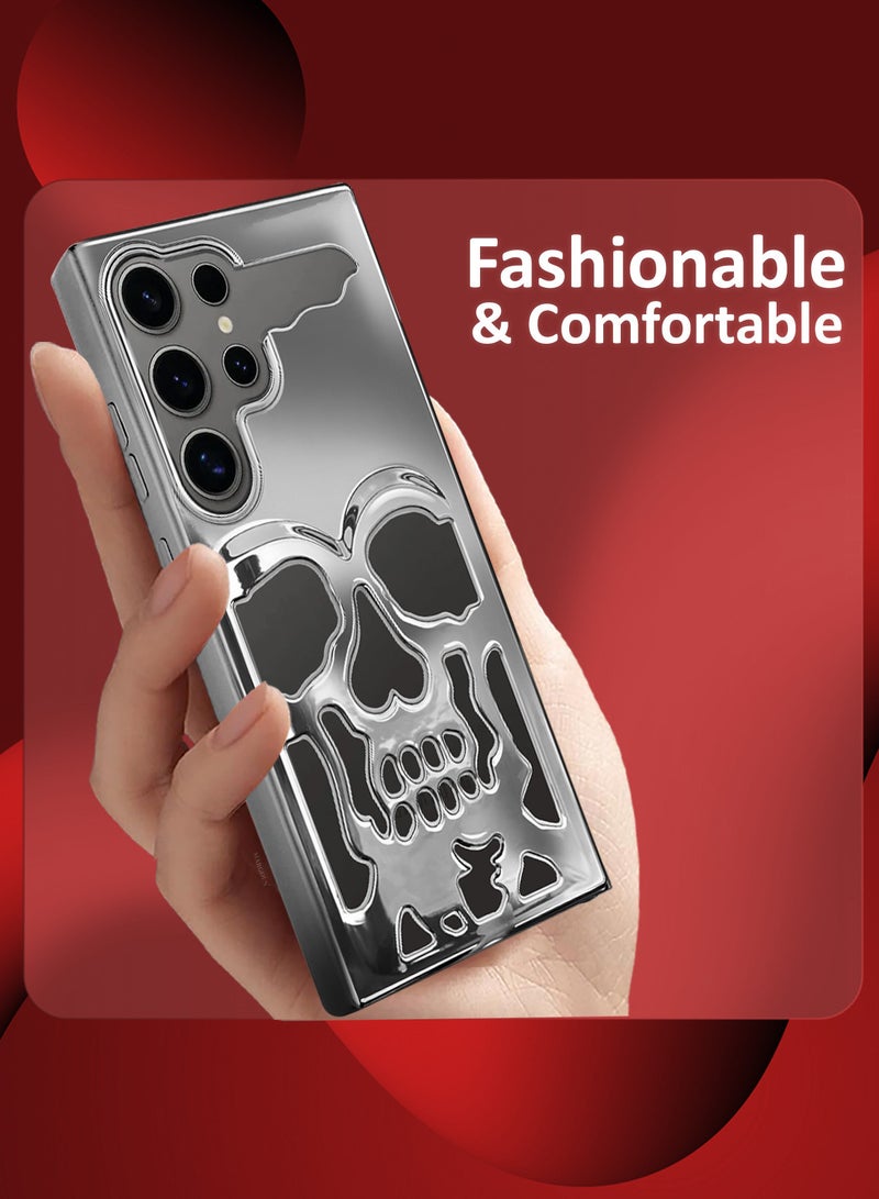 MARGOUN Galaxy S24 Ultra Case Cover Soft TPU and Glossy Skull Design with Two 3D Shockproof Screen Protector - Pack of 3 - Silver-3ss - Image 4