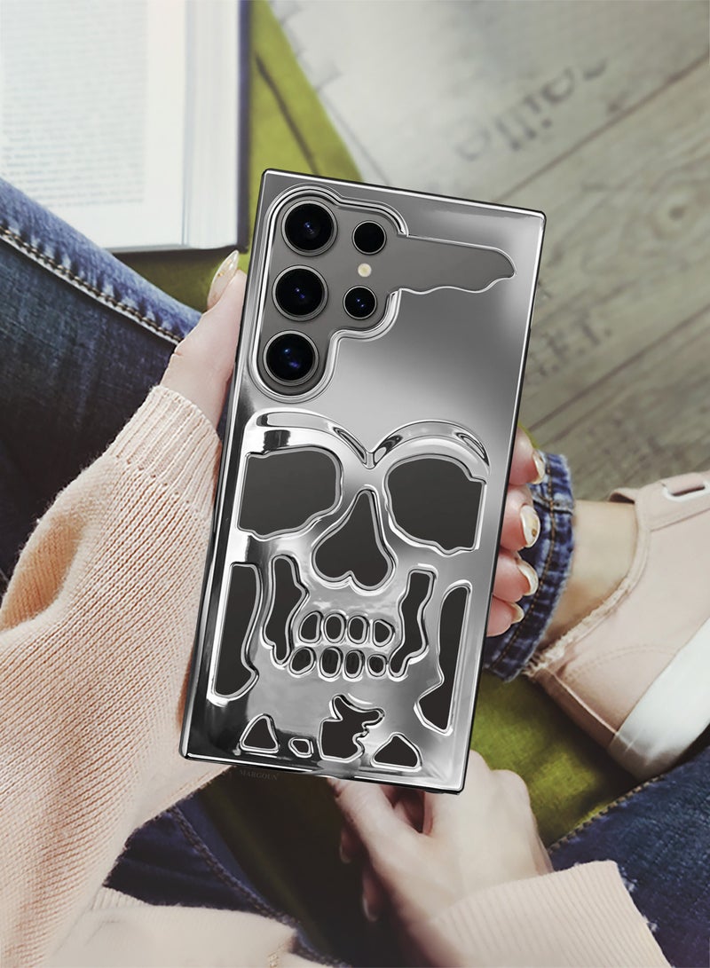 MARGOUN Galaxy S24 Ultra Case Cover Soft TPU and Glossy Skull Design with Two 3D Shockproof Screen Protector - Pack of 3 - Silver-3ss - Image 5
