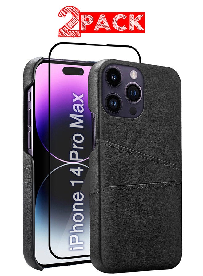 مارجون iPhone 14 Pro Max Case Cover Leather with Card Holder for Men Women Phone Case with 3D Screen Protector - Pack of 2 - Black-2 - Image 1