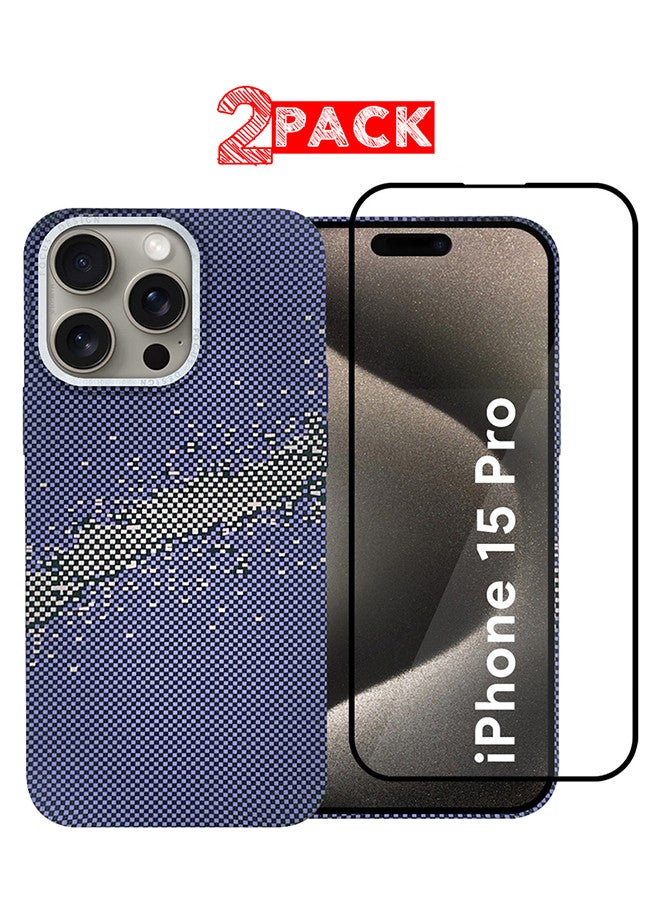 MARGOUN iPhone 15 Pro MagEZ Case Cover Fusion Weaving Pattern Kevlar Fiber Bulletproof Vest Cover Protective Ultra Slim Magnetic, Screen and Camera Guard - Pack of 2 - Milky Way Blue-2k - Image 1
