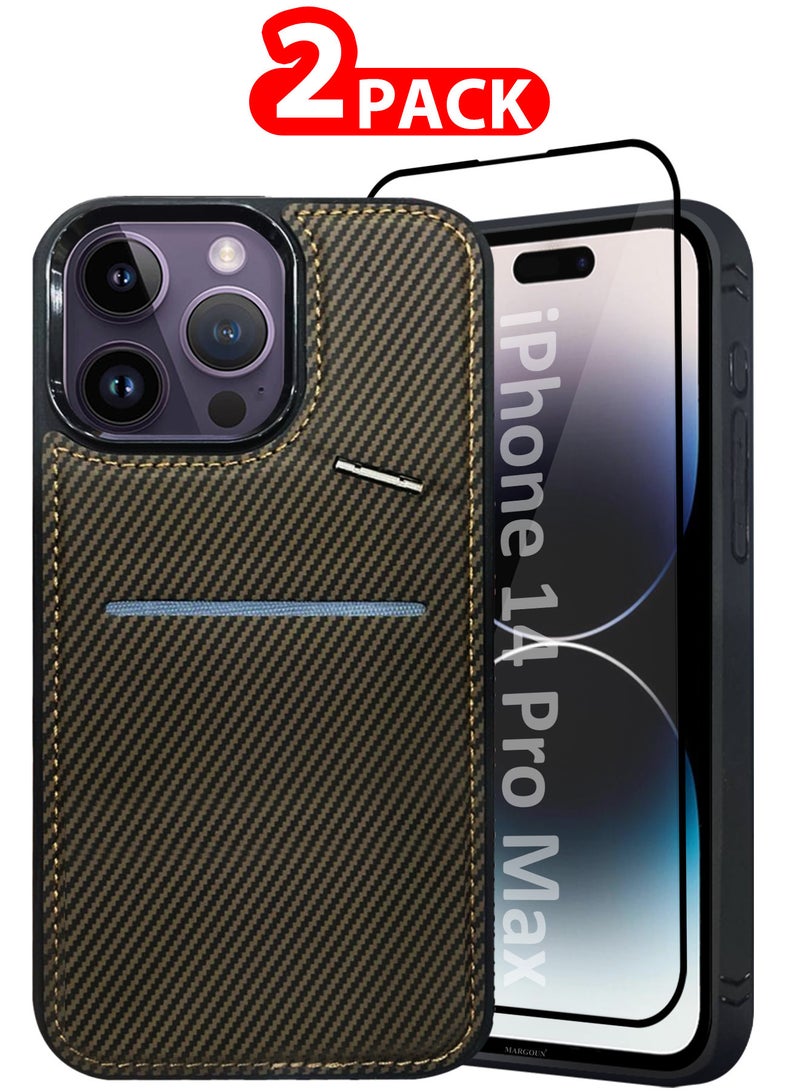 MARGOUN iPhone 14 Pro Max Case Leather Cover Card Holder and Kickstand with 1 Screen Protector Tempered Glass for Men Women Phone Case with Carbon Fiber Pattern - Pack of 2 - Brown-2  - Image 1