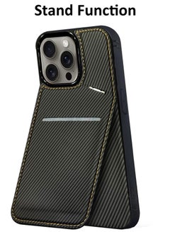 MARGOUN iPhone 15 Pro Max Case Leather Cover Card Holder and Kickstand with 1 Screen Protector Tempered Glass for Men Women Phone Case with Carbon Fiber Pattern - Pack of 2 - Black-2  - Image 2