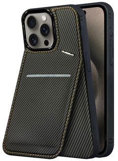 MARGOUN iPhone 15 Pro Max Case Leather Cover Card Holder and Kickstand with 1 Screen Protector Tempered Glass for Men Women Phone Case with Carbon Fiber Pattern - Pack of 2 - Black-2  - Image 3