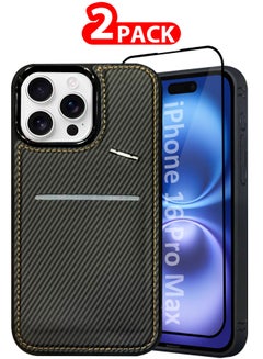 MARGOUN iPhone 16 Pro Max Case Leather Cover Card Holder and Kickstand with 1 Screen Protector Tempered Glass for Men Women Phone Case with Carbon Fiber Pattern - Pack of 2 - Black-2  - Image 1