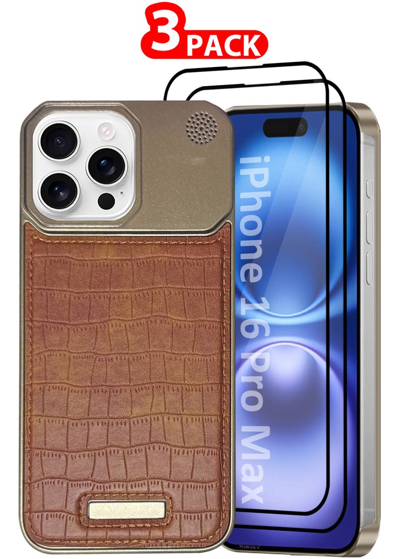 MARGOUN iPhone 16 Pro Max Case Leather Metal Design, Slim Lightweight Minimalist Cover, 1 Case, 2 Screen Protectors - Pack of 3 - Brown-3  - Image 1
