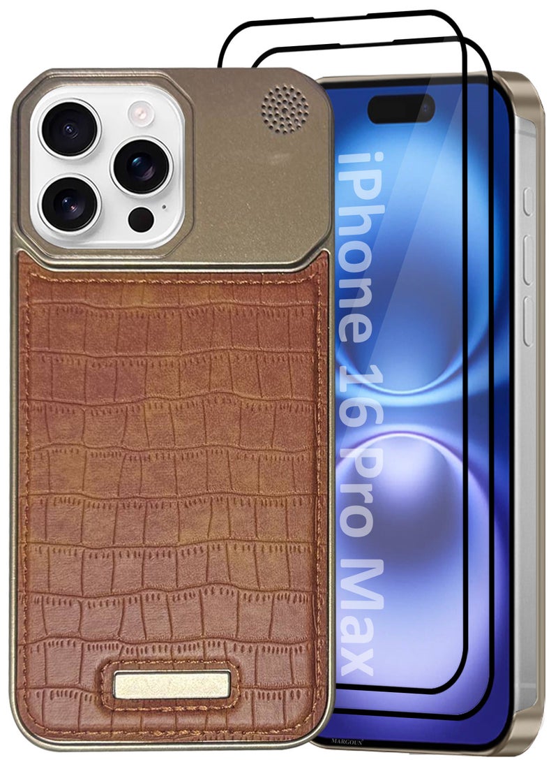MARGOUN iPhone 16 Pro Max Case Leather Metal Design, Slim Lightweight Minimalist Cover, 1 Case, 2 Screen Protectors - Pack of 3 - Brown-3  - Image 2
