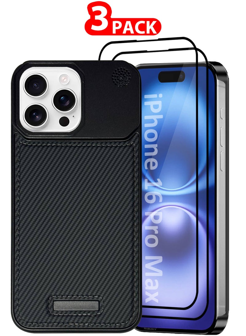 MARGOUN iPhone 16 Pro Max Case Leather Metal Design, Slim Lightweight Minimalist Cover, 1 Case 2 Screen Protectors - Pack of 3 - Black-3  - Image 1