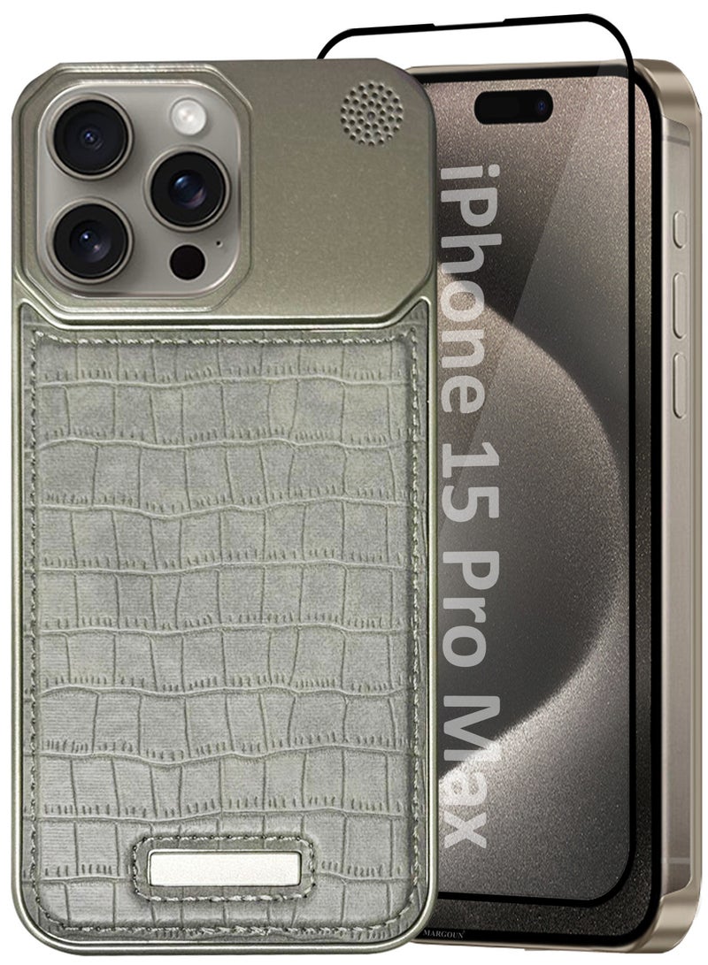 MARGOUN iPhone 15 Pro Max 2 Pack Case Leather Metal Design, Slim Lightweight Minimalist Cover,1 Case 1 Screen Protector Greyish-2  - Image 2