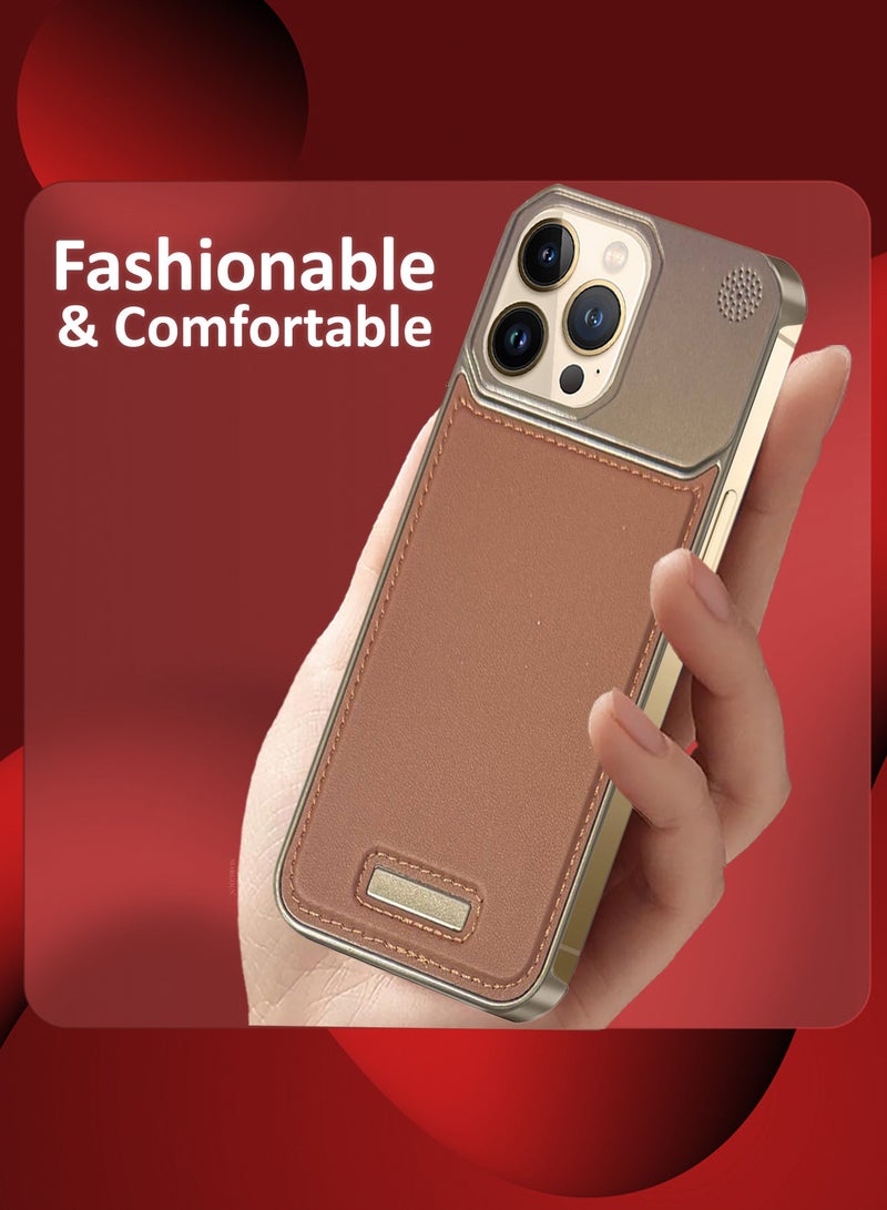 MARGOUN iPhone 13 Pro Max Case Leather Metal Design, Slim Lightweight Minimalist Cover, 1 Case, 1 Screen Protector - Pack of 2 - Brownie-2  - Image 3