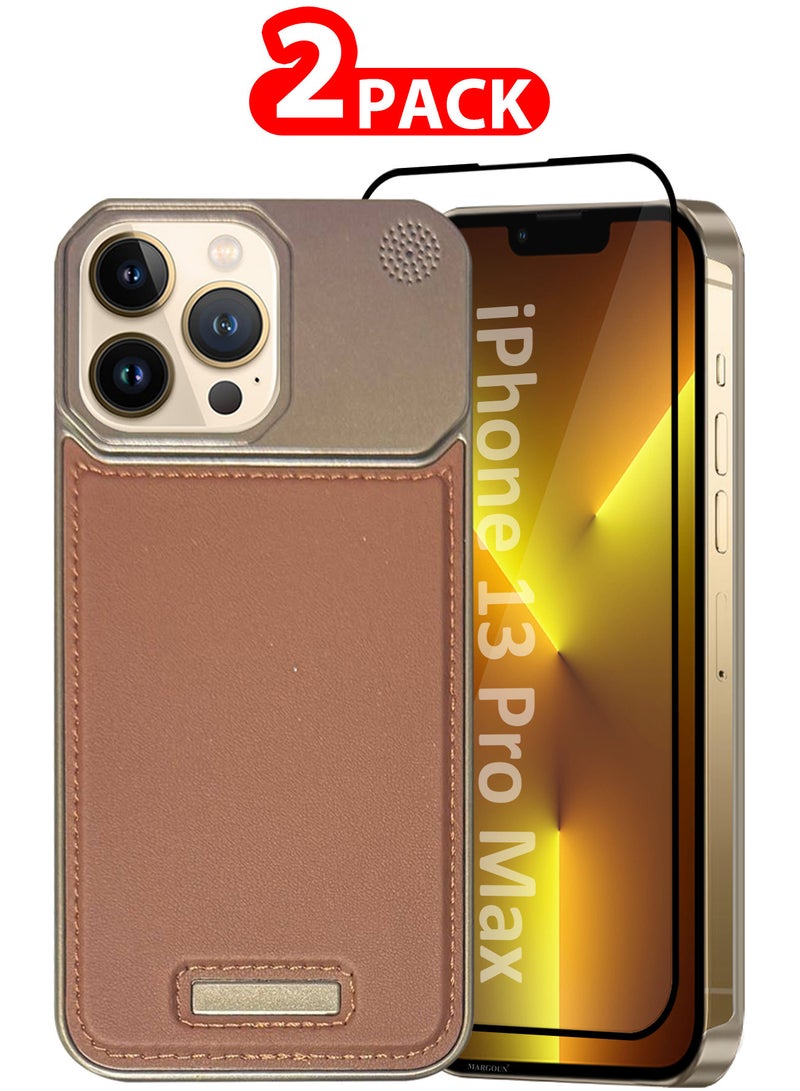 MARGOUN iPhone 13 Pro Max Case Leather Metal Design, Slim Lightweight Minimalist Cover, 1 Case, 1 Screen Protector - Pack of 2 - Brownie-2  - Image 1