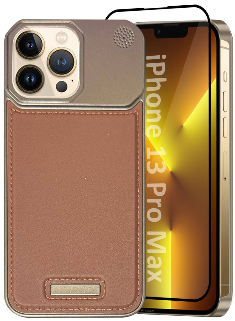 MARGOUN iPhone 13 Pro Max Case Leather Metal Design, Slim Lightweight Minimalist Cover, 1 Case, 1 Screen Protector - Pack of 2 - Brownie-2  - Image 2