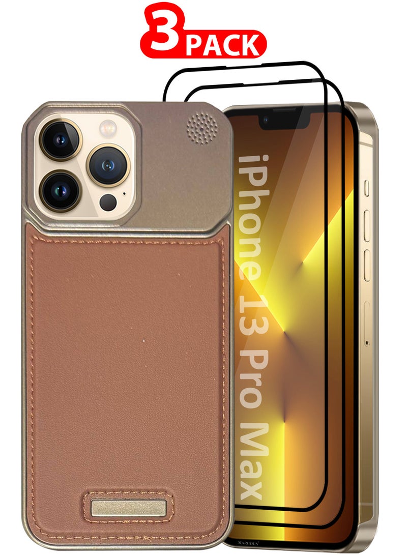 MARGOUN iPhone 13 Pro Max Case Leather Metal Design, Slim Lightweight Minimalist Cover, 1 Case, 2 Screen Protectors - Pack of 3 - Brownie-3 - Image 1