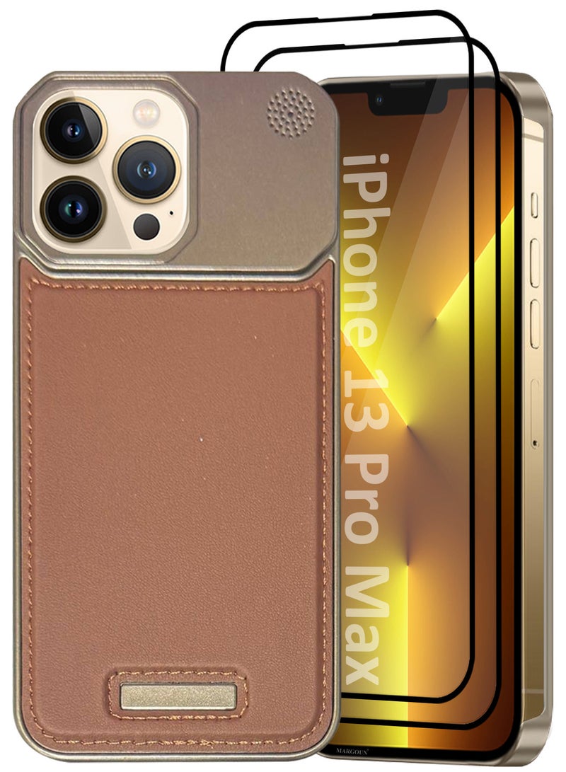 MARGOUN iPhone 13 Pro Max Case Leather Metal Design, Slim Lightweight Minimalist Cover, 1 Case, 2 Screen Protectors - Pack of 3 - Brownie-3 - Image 2