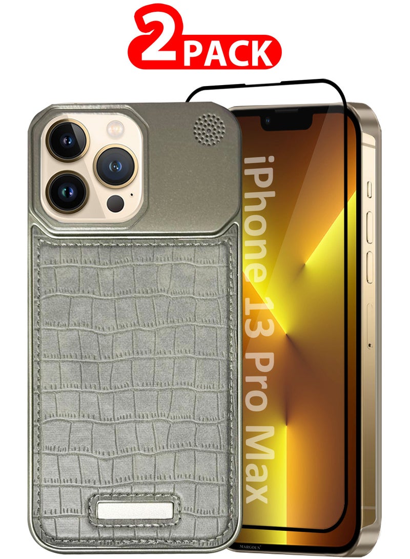 MARGOUN iPhone 13 Pro Max Case Leather Metal Design, Slim Lightweight Minimalist Cover,1 Case 1 Screen Protector - Pack of 2 - Greyish-2  - Image 1