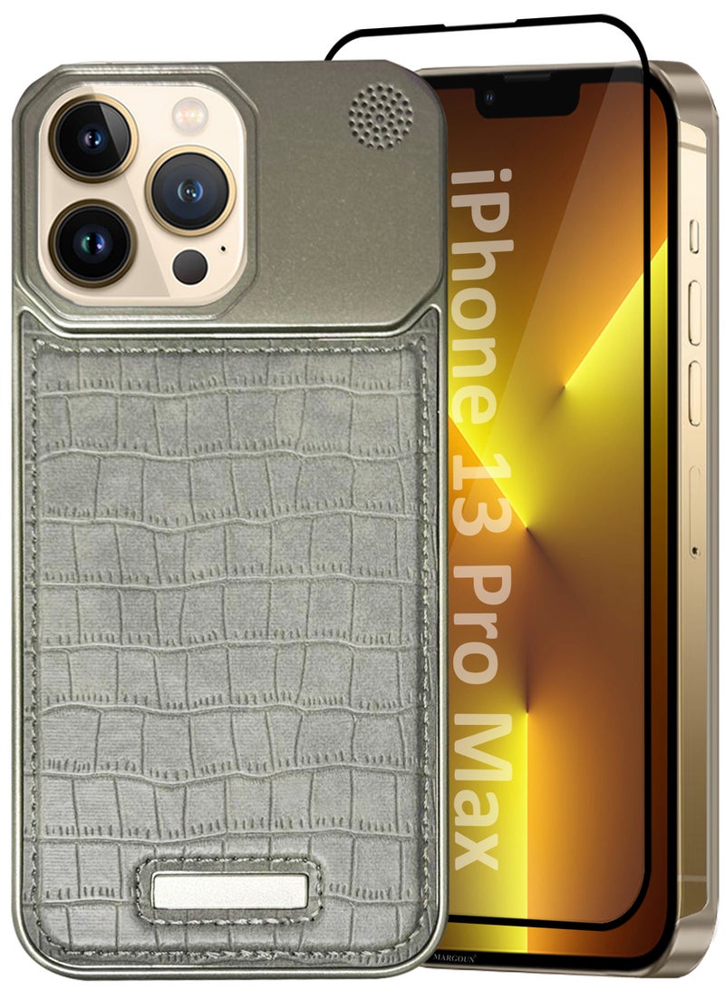 MARGOUN iPhone 13 Pro Max Case Leather Metal Design, Slim Lightweight Minimalist Cover,1 Case 1 Screen Protector - Pack of 2 - Greyish-2  - Image 2