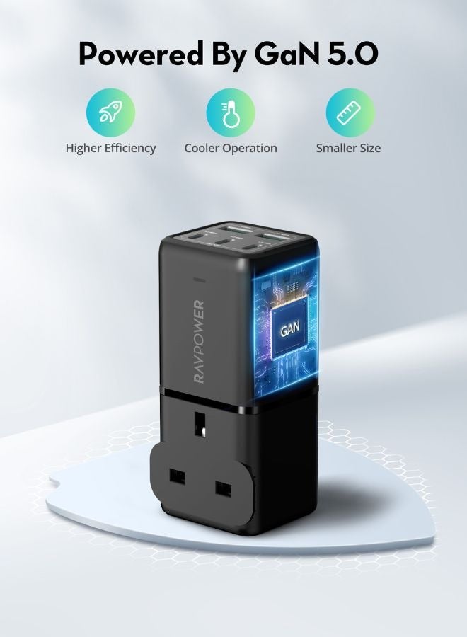 RAVPOWER 75W 6-Port GaN Tech USB-C Desktop Charger with Travel Charger Combo, Fast Charging Station for MacBook Air, iPhone, iPad, Galaxy & More Black - Image 5