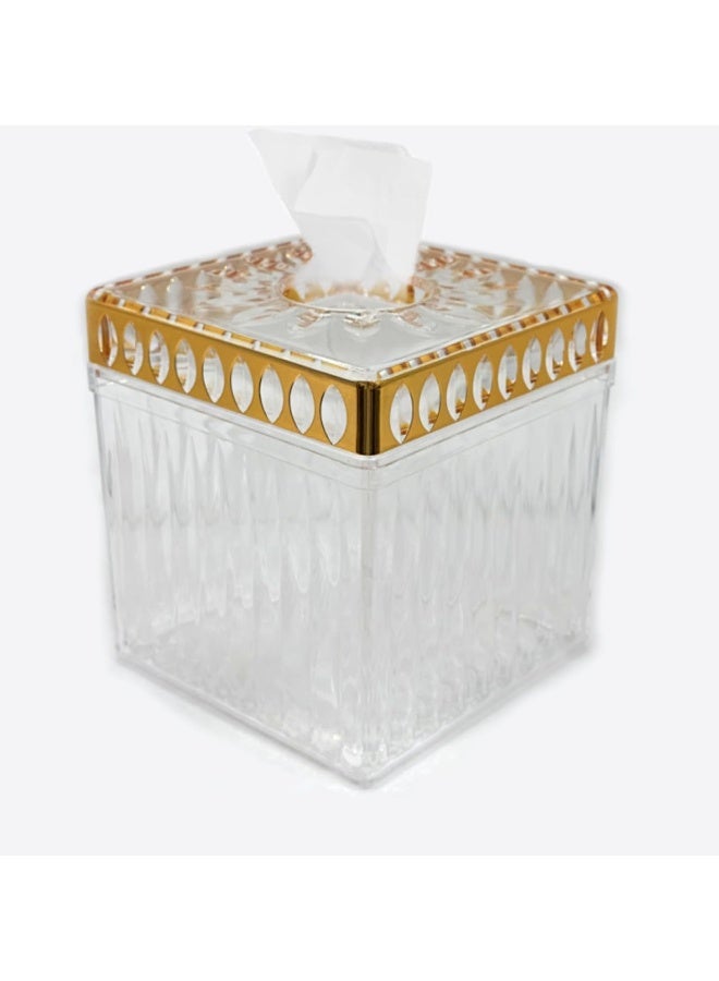 ECVV Acrylic Delux Tissue Holder Box Transparent Paper Roll clear Square Napkin For Home | Office | Restaurants | Hotels | Bathroom vanity countertops | Square Gold & TP - Image 1