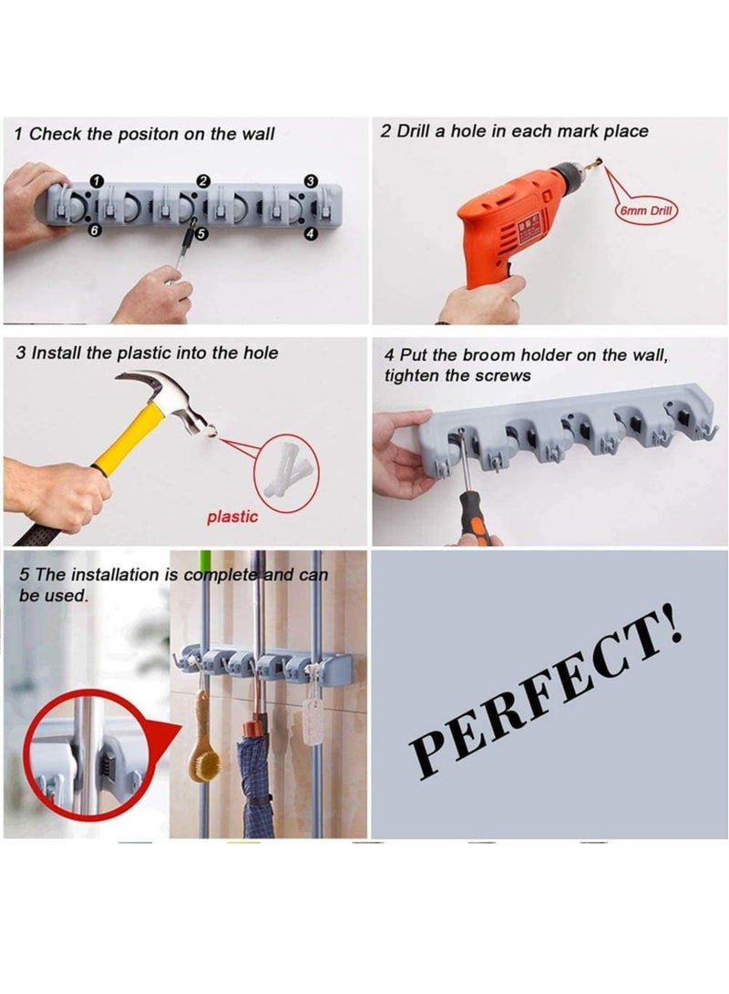 إي سي في في Mop and Broom Holder Wall Mount Heavy Duty Broom Holder Wall Mounted Broom Organizer Home Garden Garage Storage Rack 5 Position (Grey)  - Image 2