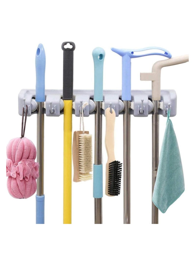 إي سي في في Mop and Broom Holder Wall Mount Heavy Duty Broom Holder Wall Mounted Broom Organizer Home Garden Garage Storage Rack 5 Position (Grey)  - Image 1