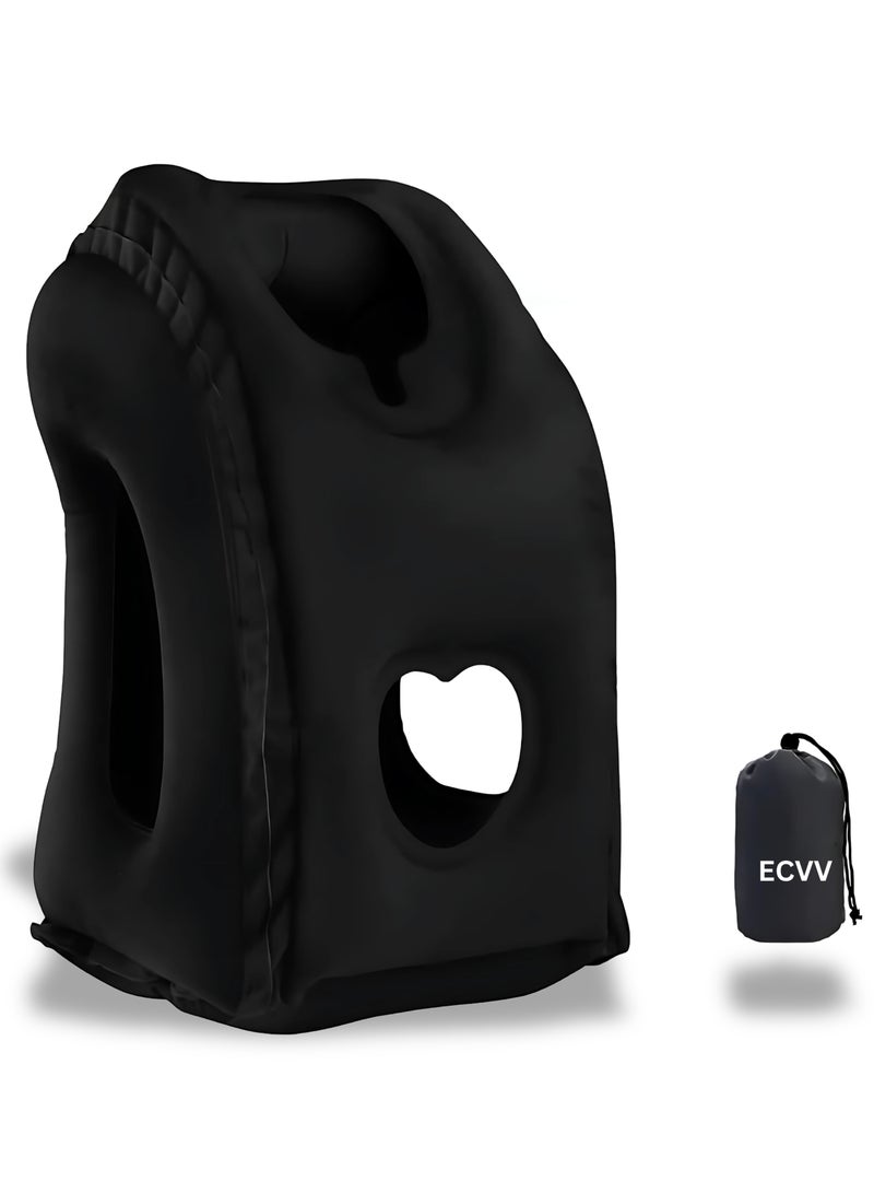 ECVV - Inflatable Neck Pillow Air-plane Travel Pillow Inflatable Cushion Airplane Pillow for Neck Support on Airplanes/Cars/Buses/Trains/Office Napping Fabric Black - Image 1