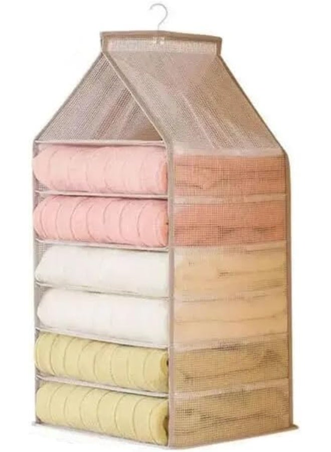 إي سي في في 6-Shelf Wardrobe Clothes Organizer 1 Pack Hanging Closet Clothing Storage Dividers PVC Cabinet Pants Shelf Foldable Drawers with Hanger Hook for Organizing Bedroom Nursery Bathroom Beige - Image 1