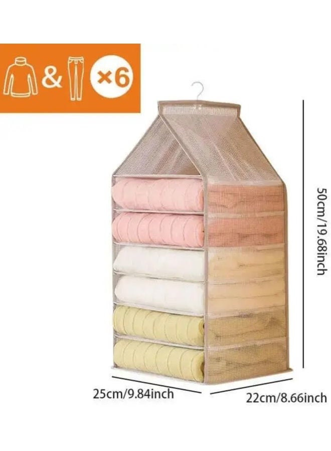 إي سي في في 6-Shelf Wardrobe Clothes Organizer 1 Pack Hanging Closet Clothing Storage Dividers PVC Cabinet Pants Shelf Foldable Drawers with Hanger Hook for Organizing Bedroom Nursery Bathroom Beige - Image 2
