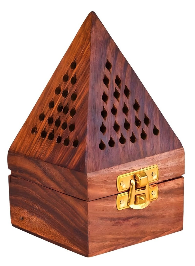 ECVV - Wooden Bakhoor Incense Burner, Pyramid Shape | Fragrance Home Decor | Ash Catcher for Aromatherapy | Meditation  (Brown, 7.5x7.5x12.7cm) Brown - Image 1