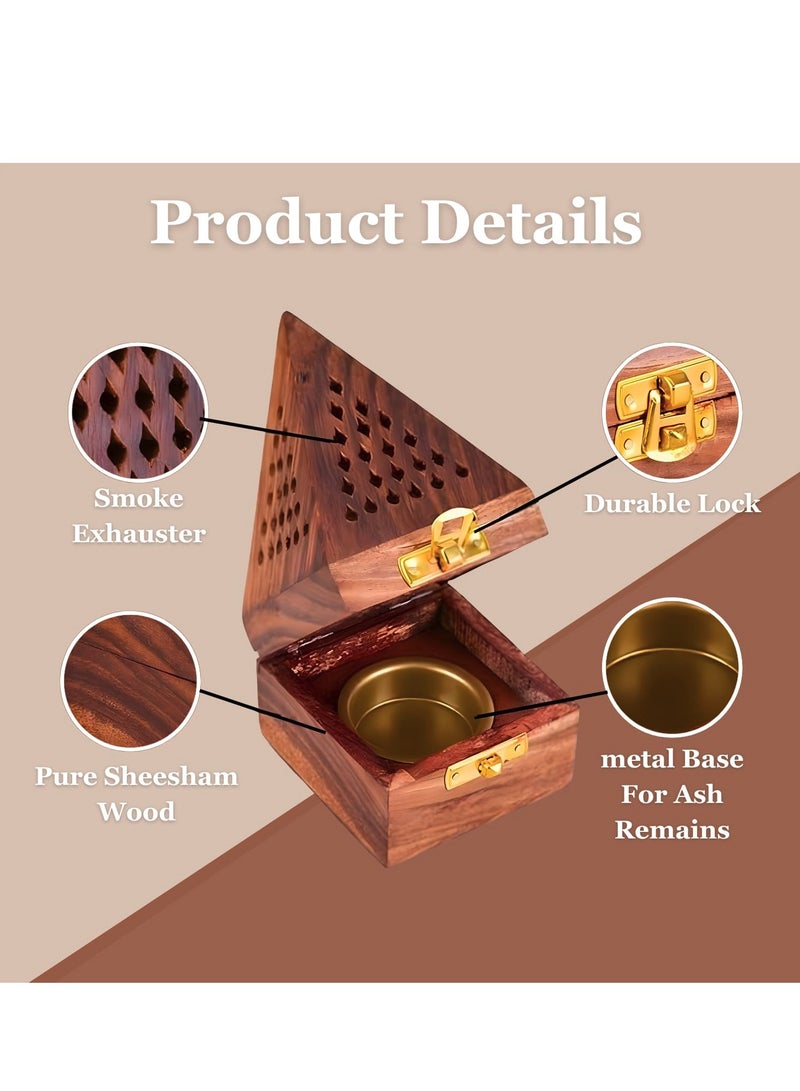 ECVV - Wooden Bakhoor Incense Burner, Pyramid Shape | Fragrance Home Decor | Ash Catcher for Aromatherapy | Meditation  (Brown, 7.5x7.5x12.7cm) Brown - Image 1